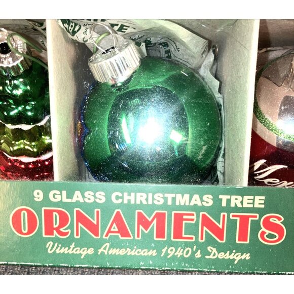 Shiny Brite 9 Christmas Ornaments Stenciled Flocked Christopher W/original paper - Picture 2 of 7